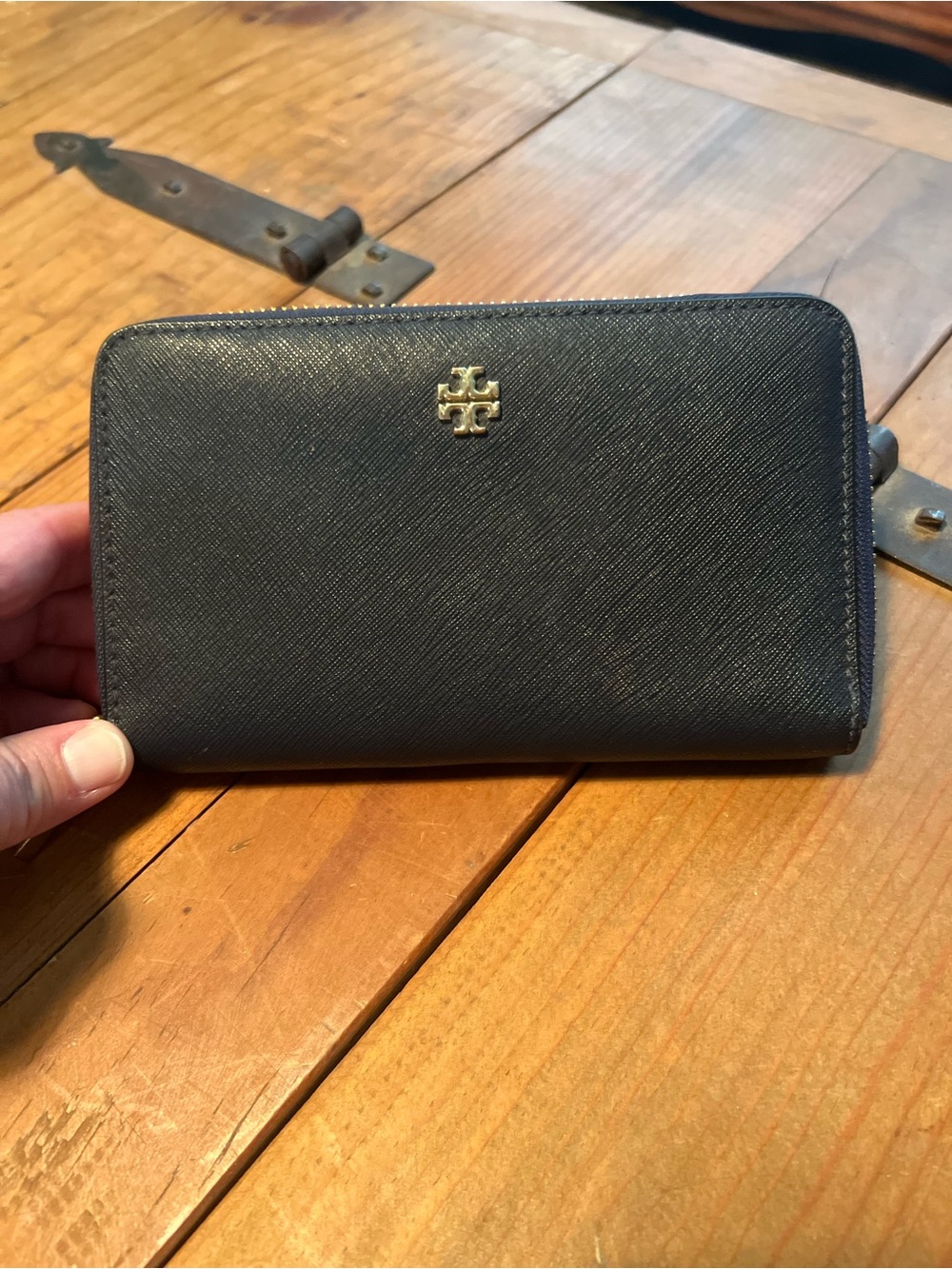 Tory Burch Black Saffiano Zip Wallet with Gold Logo